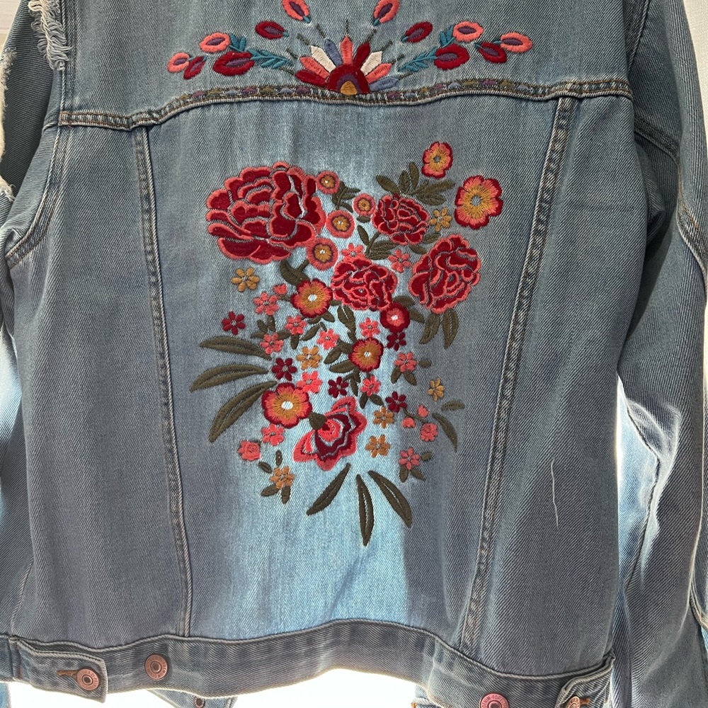 Forever 21 distressed floral embroidered oversized denim jacket